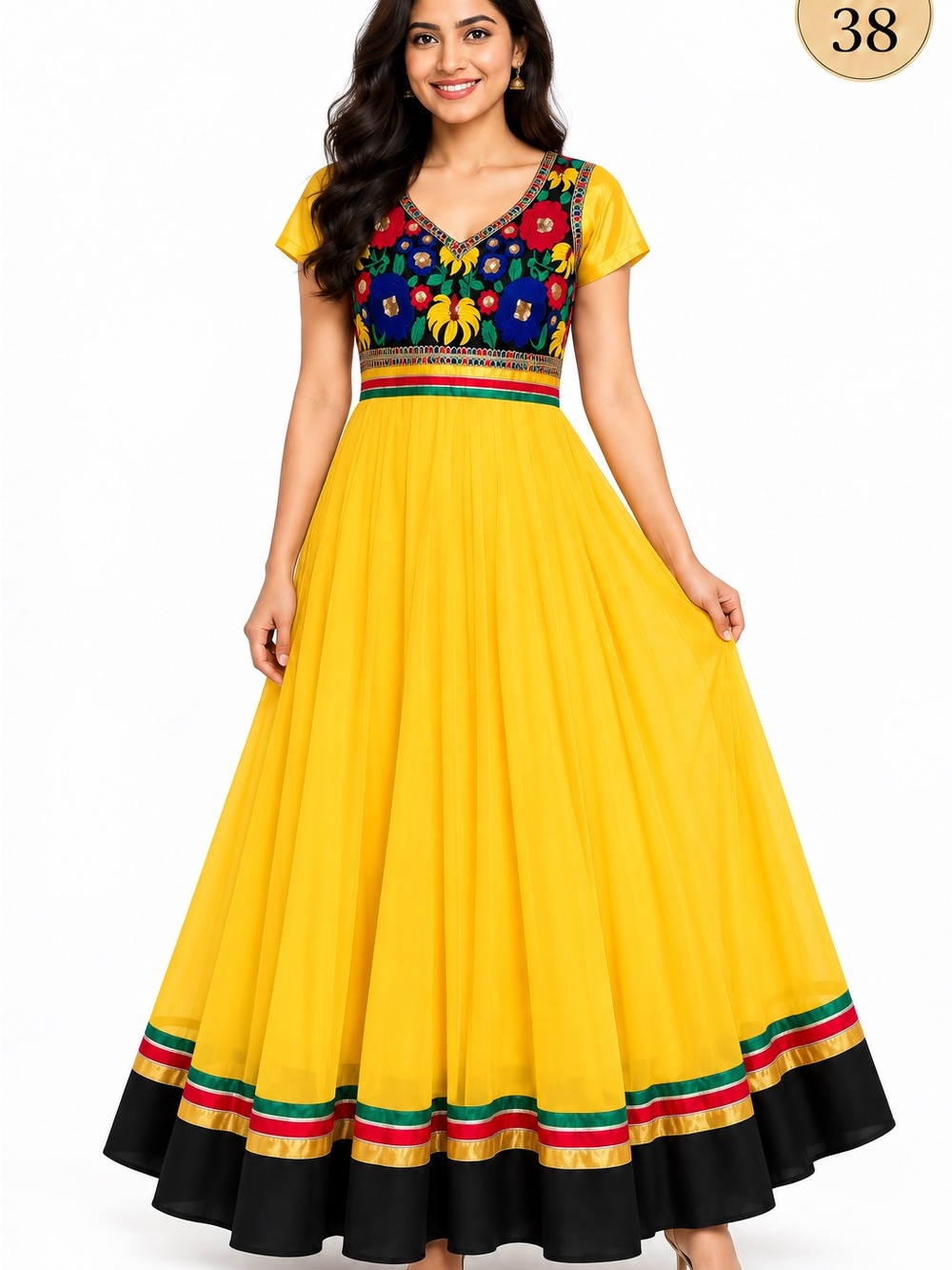 Yellow Indian Anarkali Dress Floral Embroidery Gold Trim Size 38